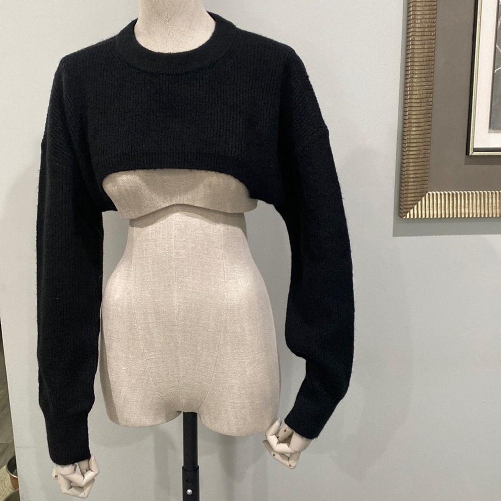 Open Edit Crop Crew Neck Black Ribbed Sweater Small